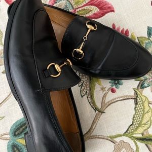 Gucci Jordaan Black Leather Loafers Horsebit Round Toe Flat Size 38